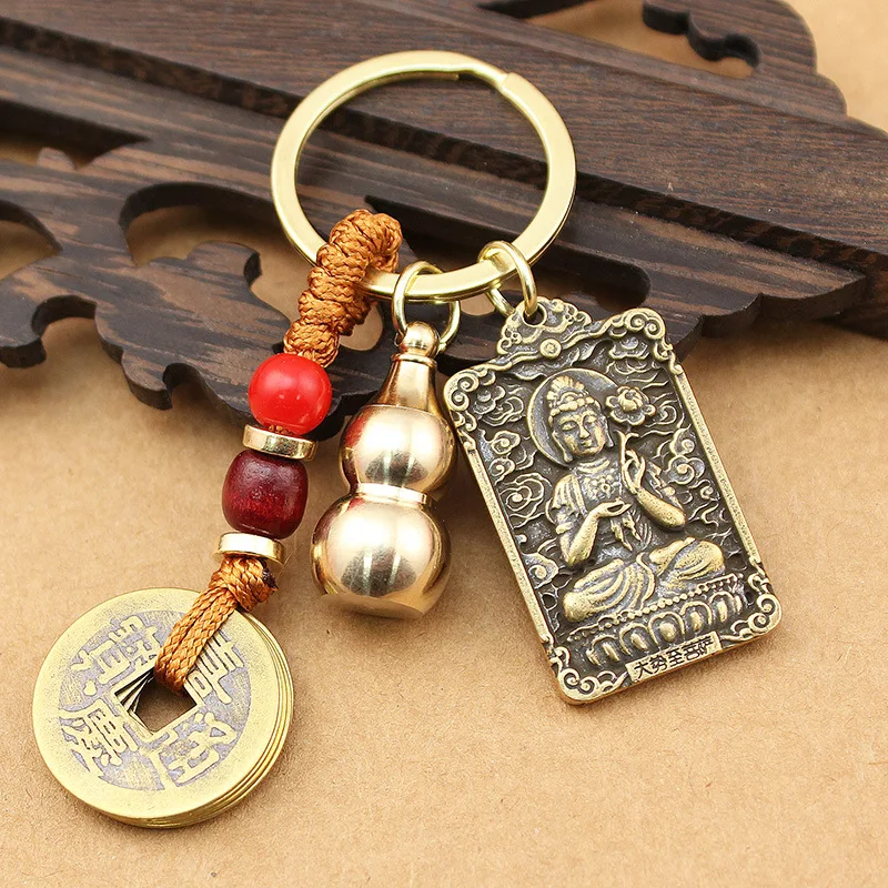 New Brass Qing Dynasty Five Emperors' Coins Zodiac Buddha Eight Patron Saints Gourd Square Amulet Keychain Pendant