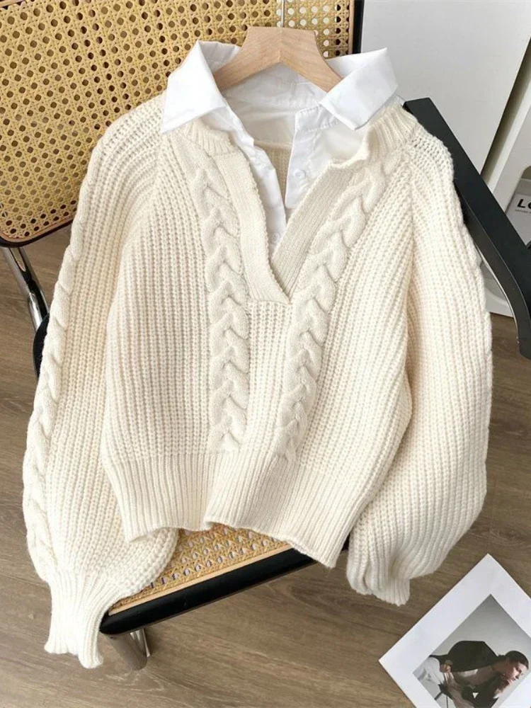 2024 Autumn/Winter Fashion New Women\'s Korean Commuting Style Elegant Knitted Hoodie Fake Two Piece Collar Retro Sweater Jumper