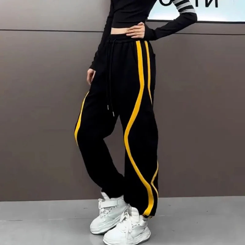 

Женские новые спортивные штаны на осень и зиму 2024, свободные плюшевые брюки с цветными блоками и переплетом на щиколотке