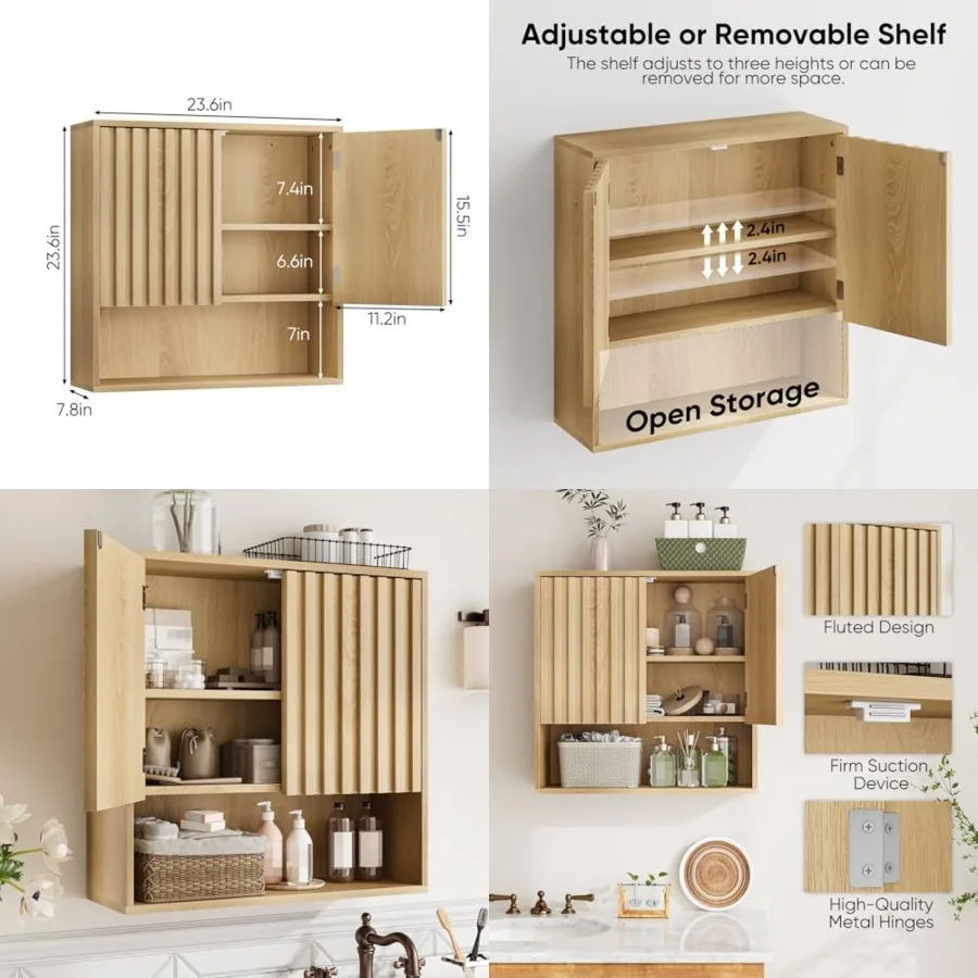 

Fluted Bathroom Cabinet Wall Mounted, Wooden Medicine Cabinet with Adjustable Shelf, Bathroom Cabinet for Bath Room, Living Roo