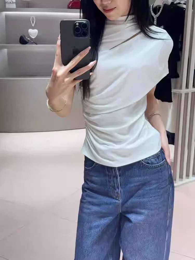 

Белая футболка с вырезами, женская облегающая футболка ort Sve, повседневная трикотажная ткань, полиэфирное волокно, обычная длина