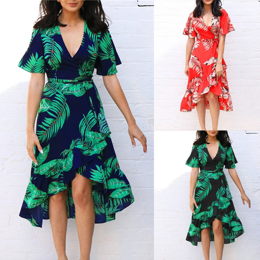 Zomer Chiffon Print Bloemen Onregelmatige Jurken Vrouwen Mode Sexy V-Hals Hoge Taille Jurken Boho Strand Vestidos Hot Selling