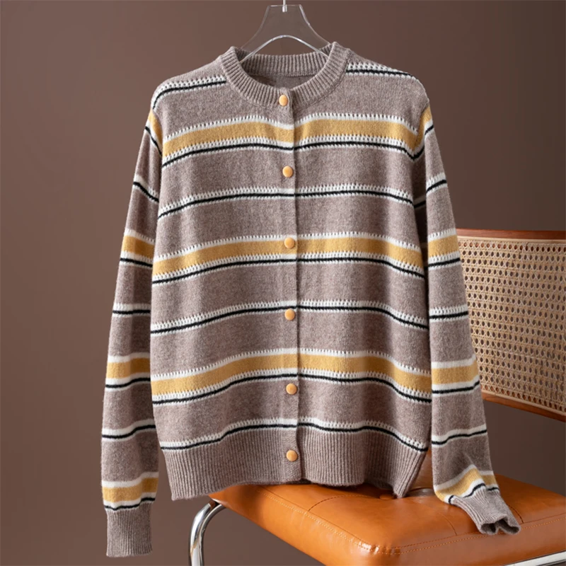 

Женский свитер из 100% шерсти, верблюжий винтажный полосатый кардиган с круглым вырезом и пуговицами, свободный тип, с длинным рукавом, вязаный кардиган, верхнее пальто M1472