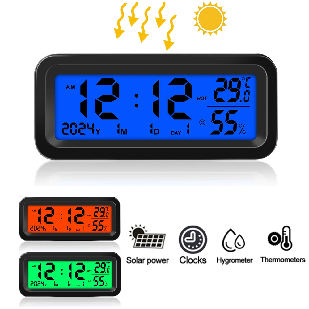 Solar Car Clocks Automotive Electronic Led Digital Clock Thermometer Hygrometer DisplayTime with Back Luminous Car Accessories