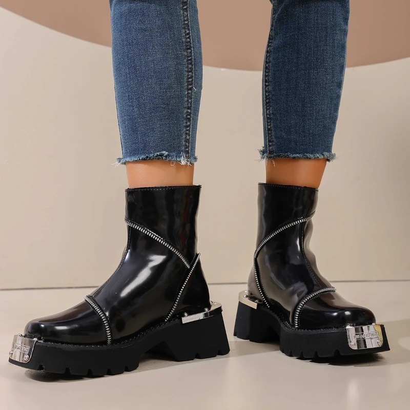 ربيع الخريف الأحذية الحديثة موضة زخرفة المعادن النساء Bootie سميكة وحيد كعب مربع أحذية مريحة الظهر سستة حذاء بوت بطول الكاحل #4