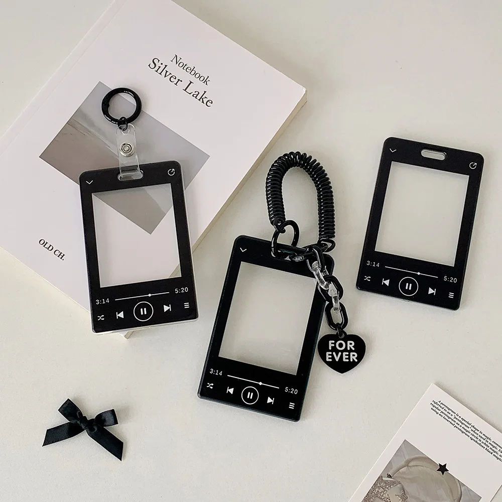 Black Keychain Retractable Reel with Clear ID Card Holder Student Pass Sleeve for KPOP Album Cards Colorful Collectors Accessory