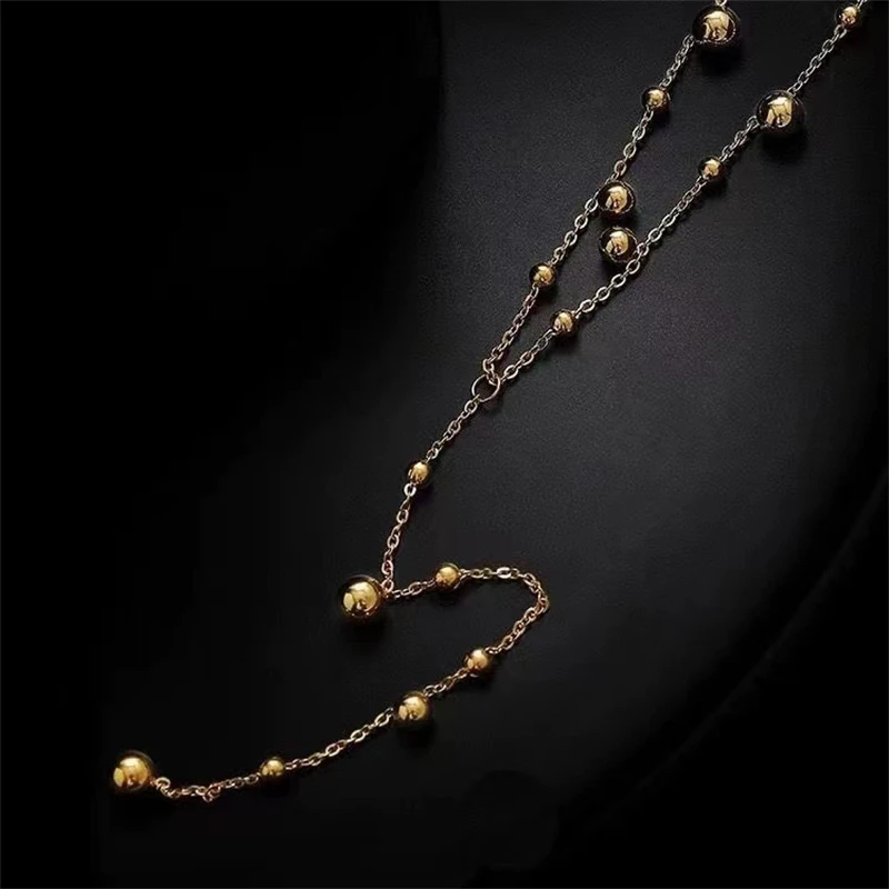 INS new 18K gold plated long fringe bead chain necklace gift Stainless steel round bead fringe hanging necklace
