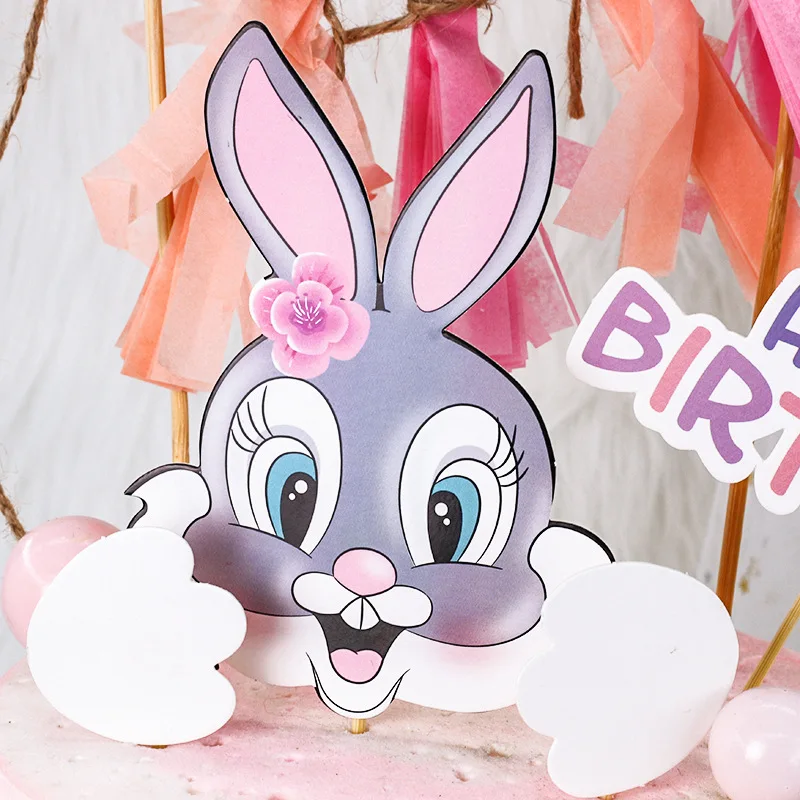 Cake Topper Rabbit Bunny Footprint Carrot Kids Happy Birthday Wedding Decoration Cupcake Decor Party Baking Supplies DIY Easter