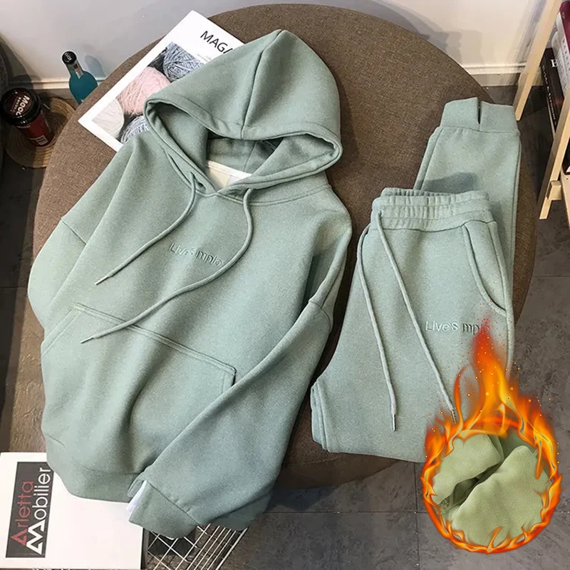 Winter Jogger 2 Pieces Sets Warm Hooded Sweatshirt Tracksuit High Waist Harem Pants Suits Plush Lined Thick Baggy Conjuntos