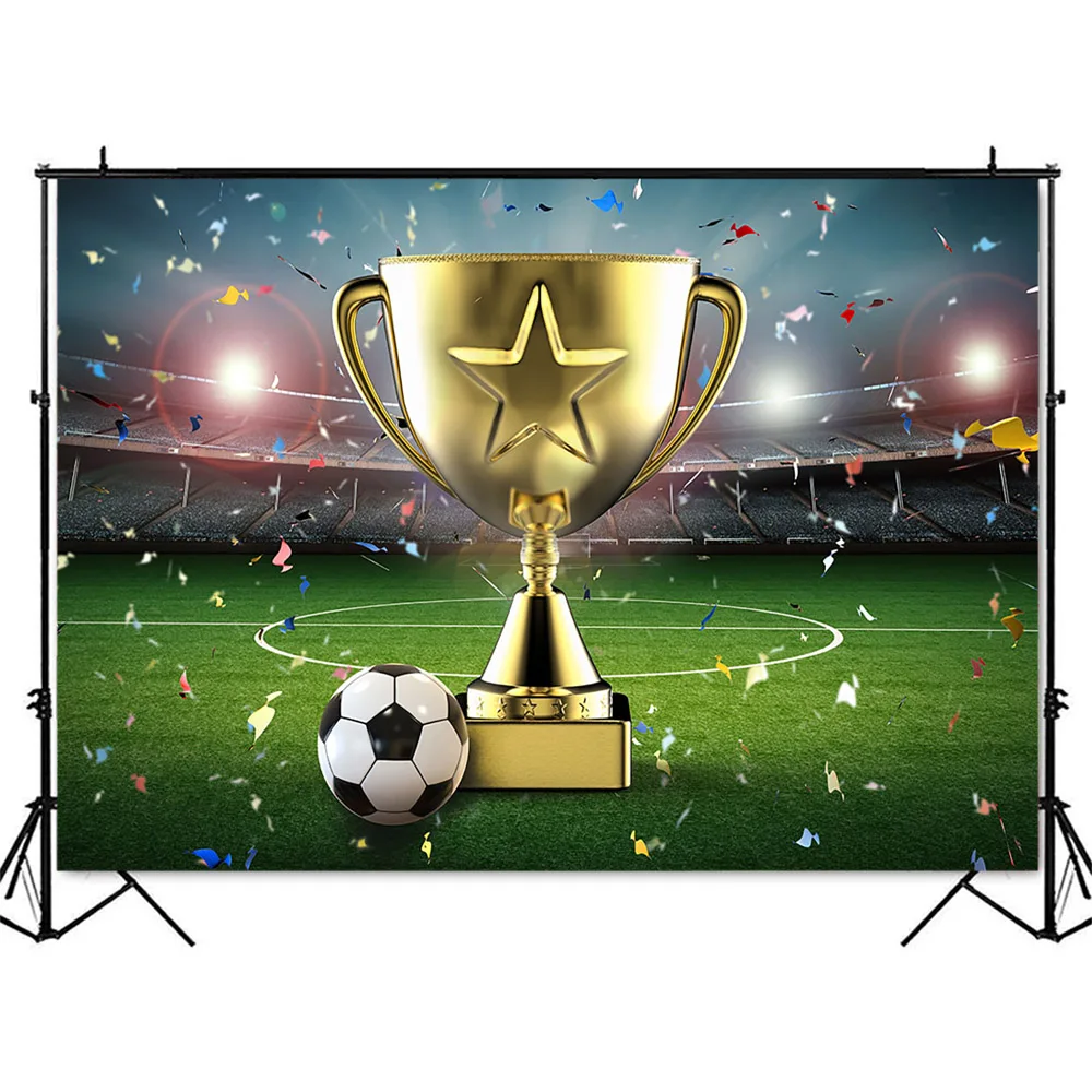 Trophy Cup Birthday Backdrop for Football Theme Decoration Green Grass Sport Auditorium Shining Light Photo Background Decor