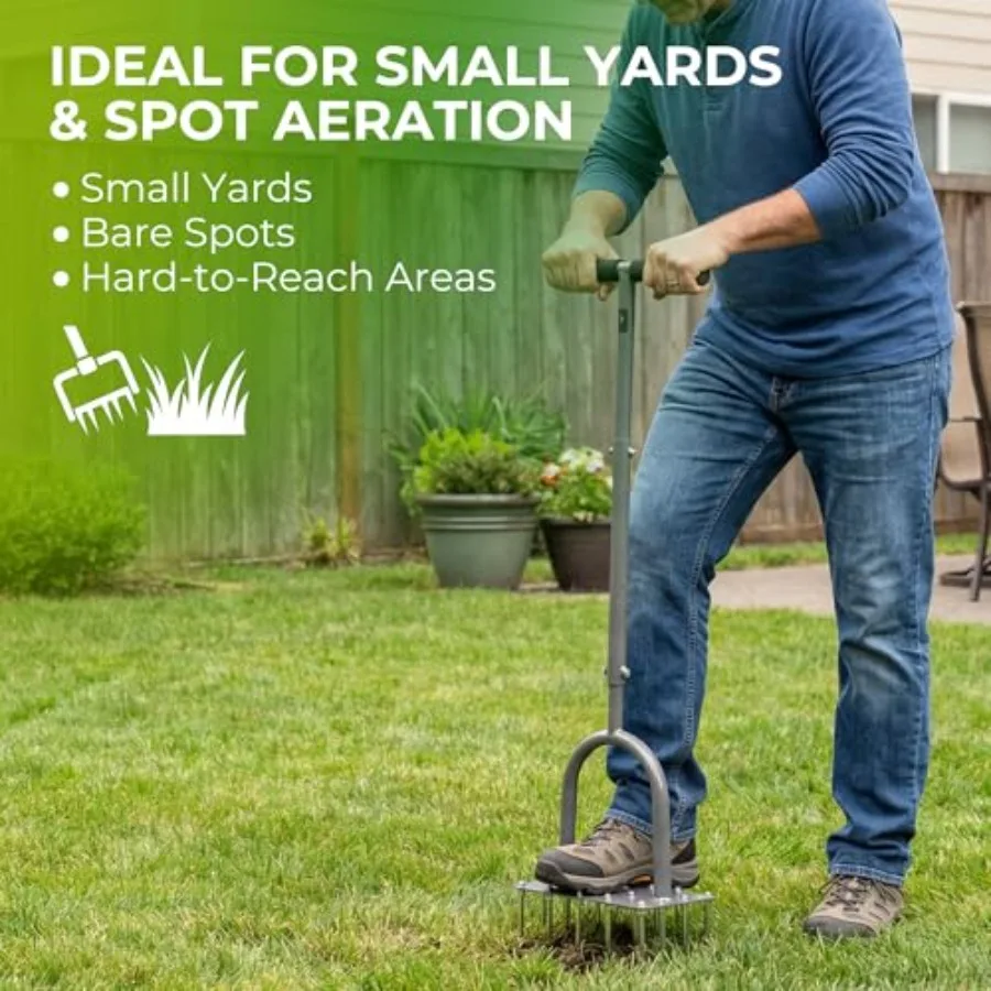 Four-Row Spike Lawn Aerator, Manual Heavy-Duty Steel Aerator Lawn Tool with 20 Sharp Spikes, Ideal for Small Yards, Lawn Edges,