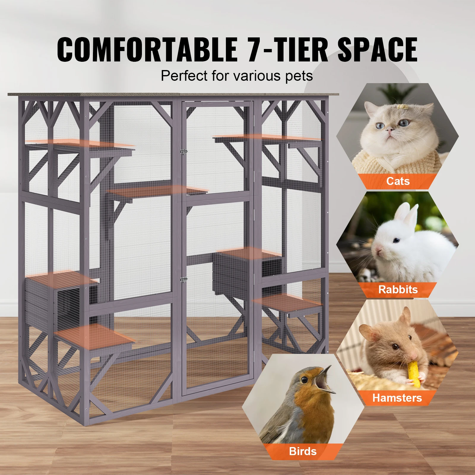 VEVOR Cat House Outdoor 7-Tier Large Catio Cat Enclosure with 5 Platforms 2 Resting Boxes & Large Front Door 71.2x34.6x66.5 in