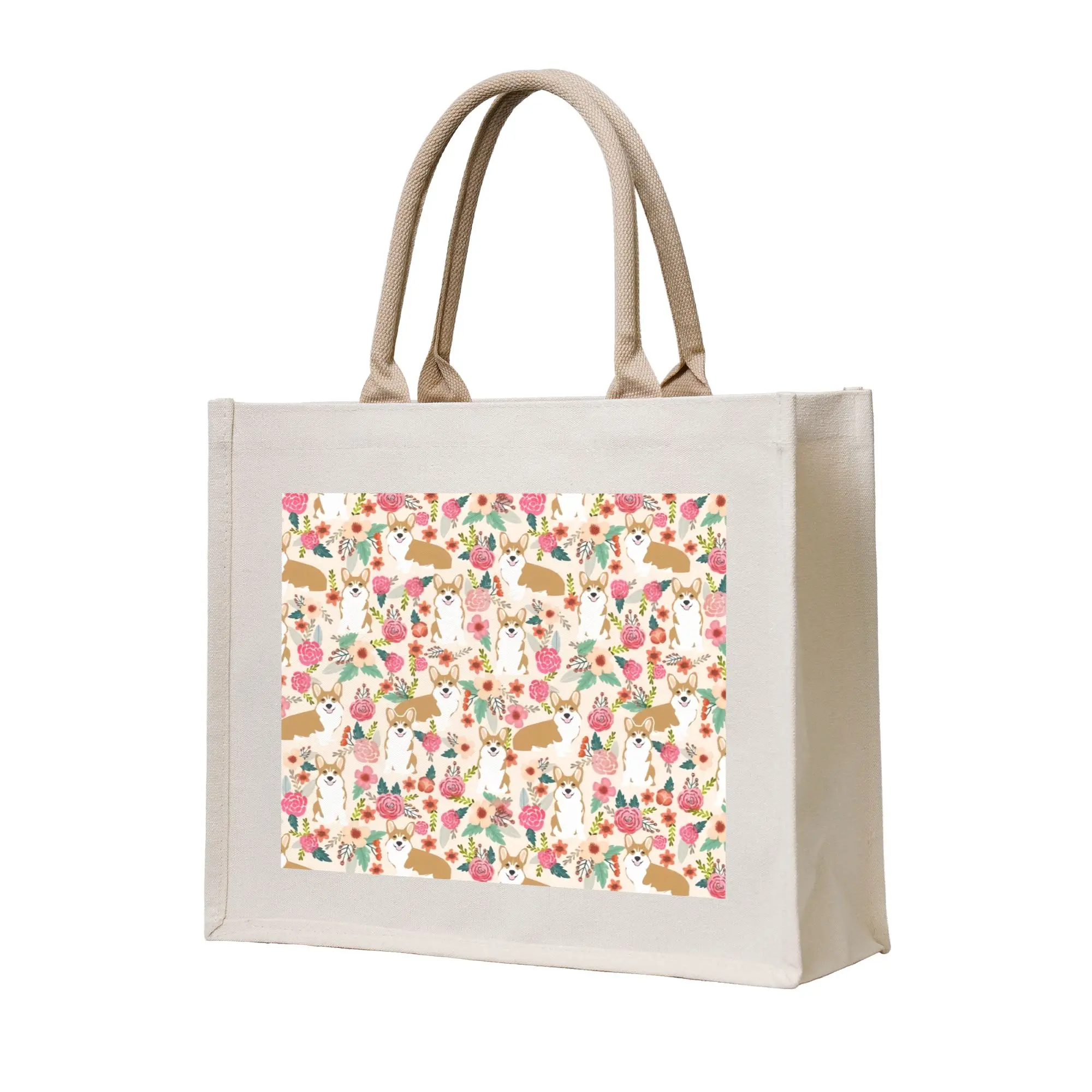 Corgi Floral Flowers  Groceries Shopping Bag Kawaii Shopper Tote Shoulder Bags Big Capacity Portable Welsh Corgis Dog  Handbag