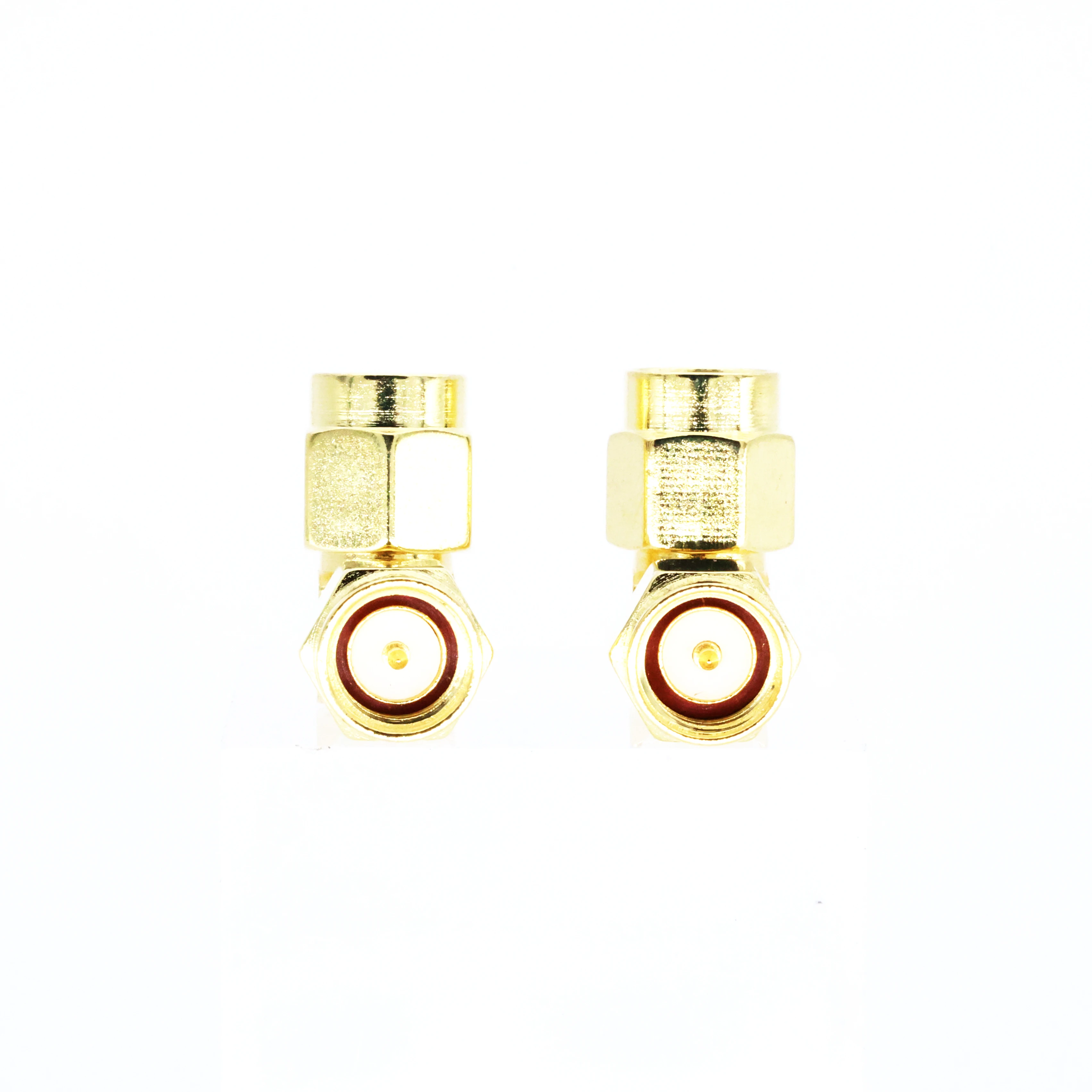 Golden SMA macho plug para SMA macho plug, 90 graus de ângulo direito RF Coaxial High Frequency Adapter Connector, 2pcs