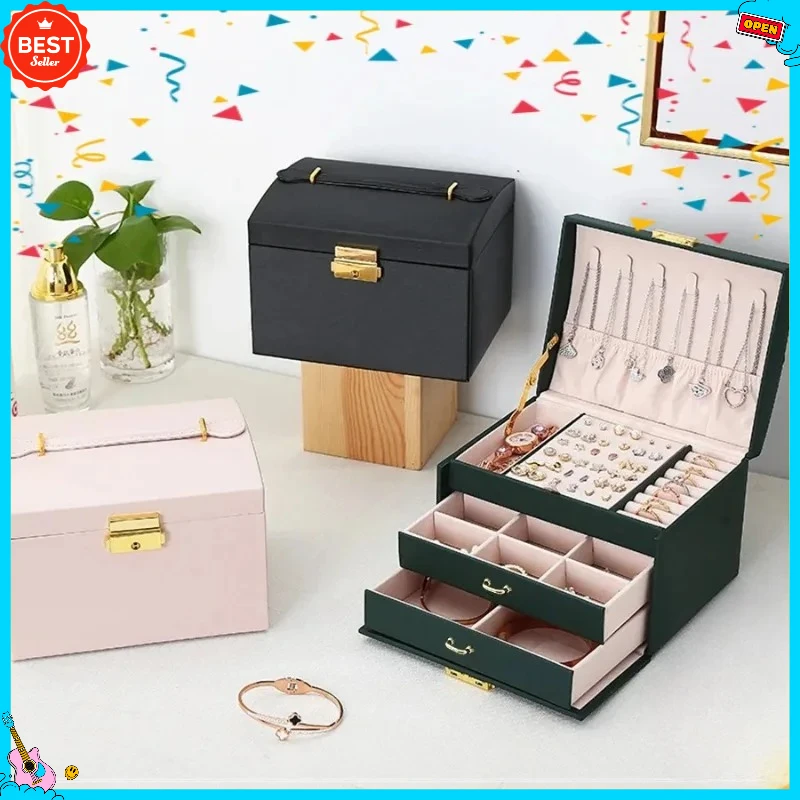 صندوق تخزين مجوهرات فاخر من ثلاث طبقات مع مقصورات متعددة، مناسب لتخزين القلائد والأقراط والخواتم والأساور #1
