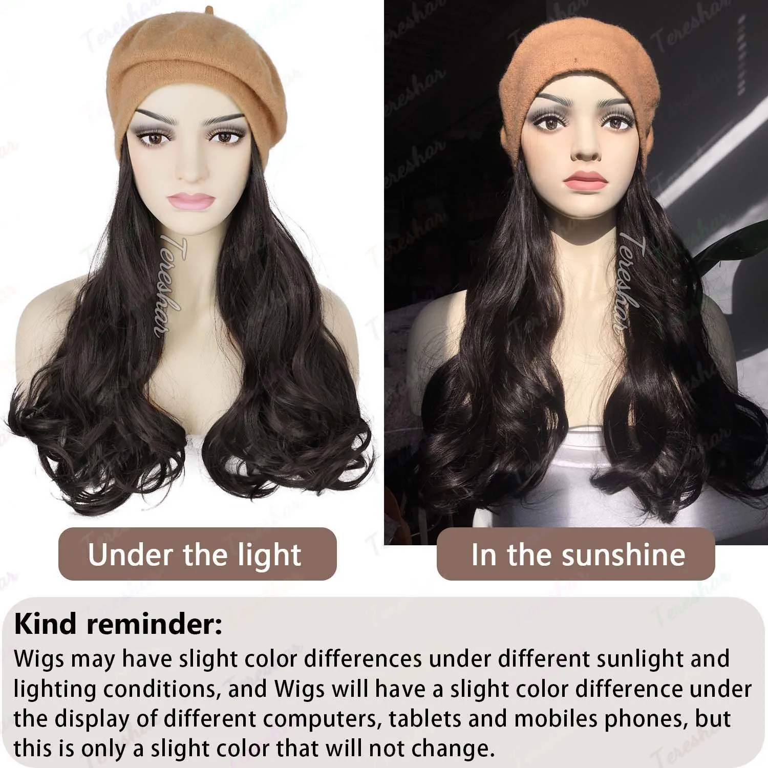 Synthetic Hat Wig Long Curly Wave Wig Black Brown Beret Wig for Women Daily Party Naturally Hat Hair Extensions Wig