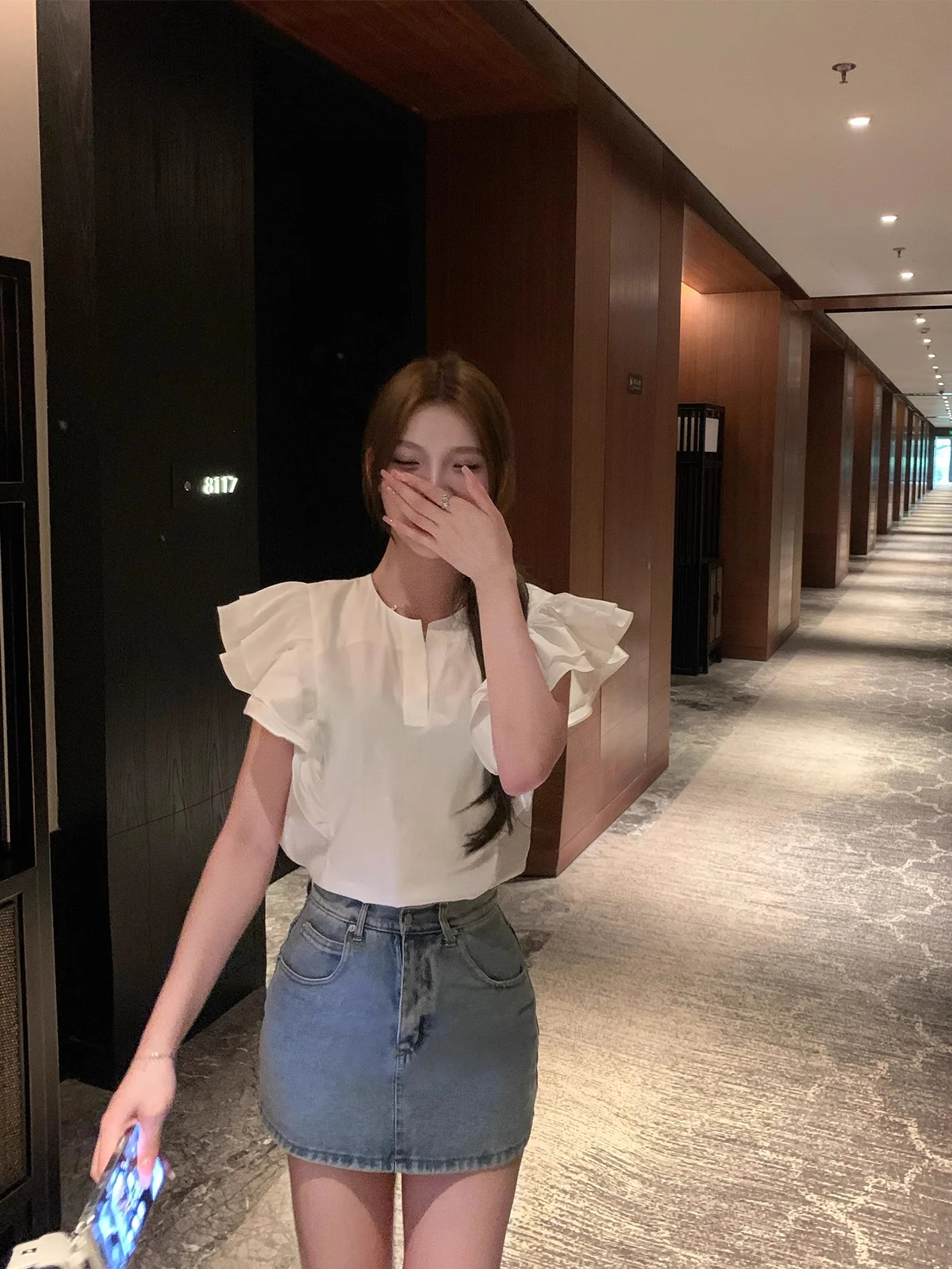 

EU Pure Cotton Blouse with Lace Sves Women's irt Commute Sle round Ne ort Sve Skin-friendly Breathable