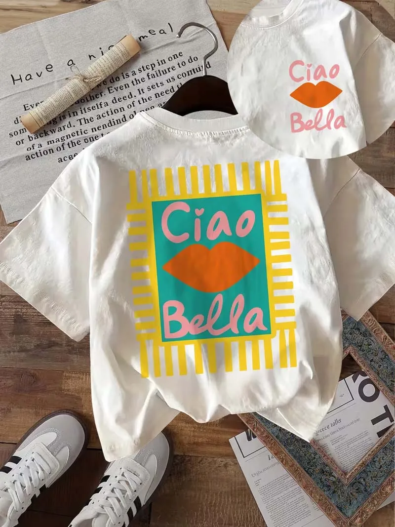 Women's Ciao Bella Lips Graphic T-Shirt, Front & Back Print Casual Crew Neck Short Sleeve Summer Top, Breathable Daily Wear