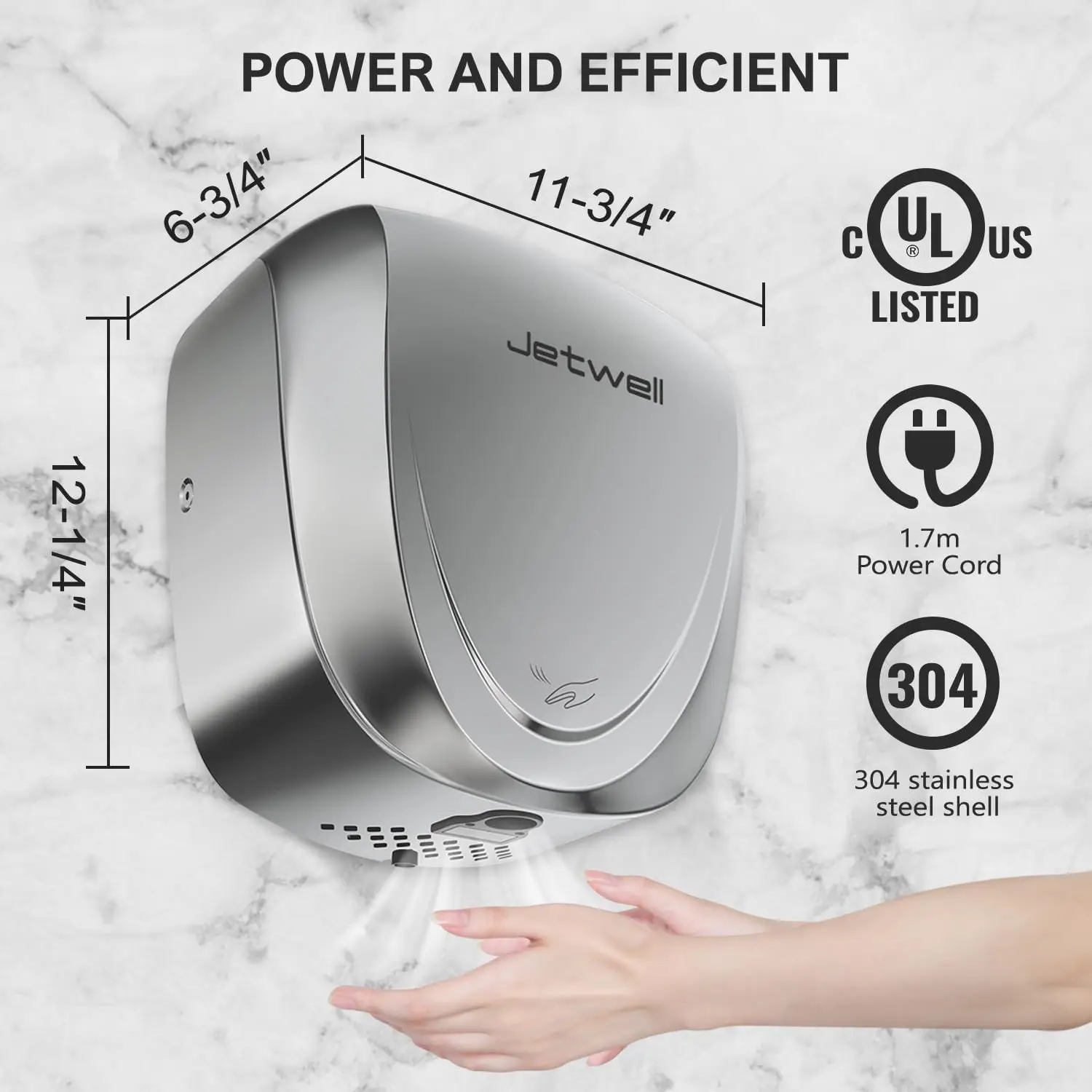 UL Approved Commercial Hand Dryer for Bathroom, High Speed Jet Air Hand Dryer with HEPA Filter for Home, Heavy Duty Stai