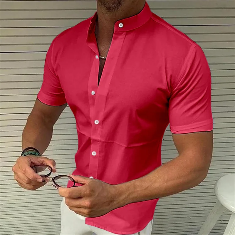 2024 Men\'s Shirt Summer Shirt 9 Colors Short Sleeve Solid Color Stand Collar Outdoor Street Wear Fashion Casual Breathable 5XL