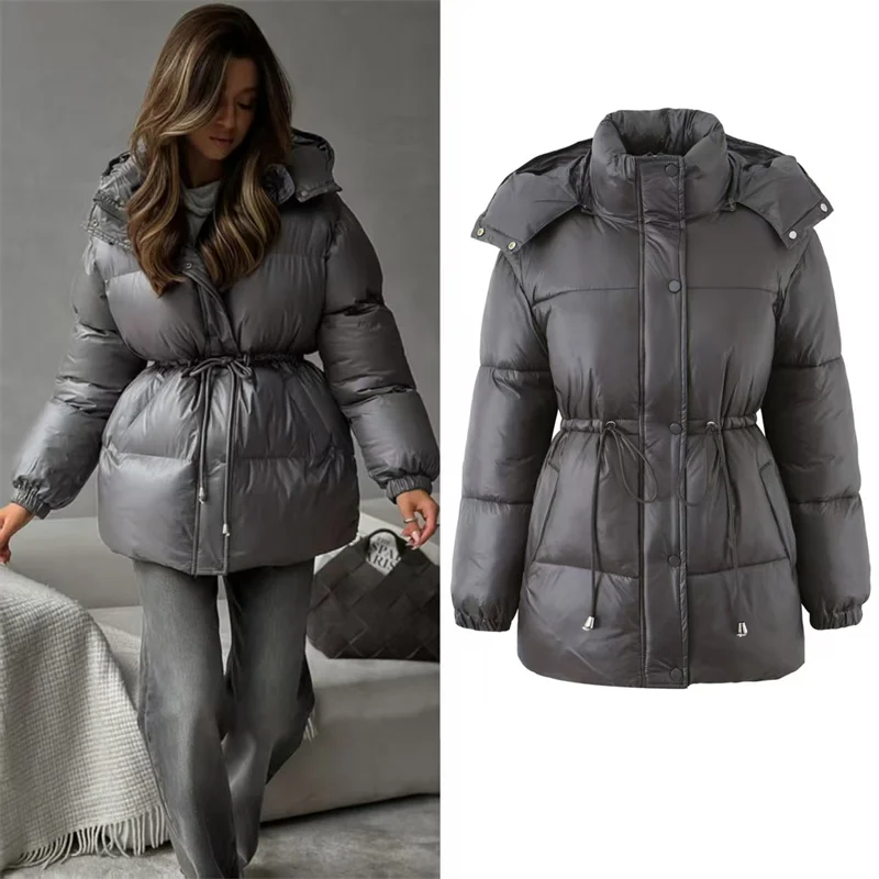 

Женское пальто 2025, зимняя новая стильная серая теплая хлопковая куртка средней длины с длинными рукавами и капюшоном, повседневная модная универсальная куртка