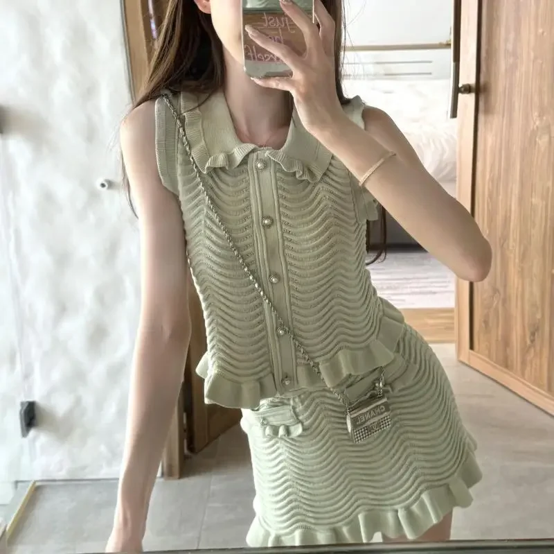 2024 High-End Feeling Summer Slims Smooths Your Silhouette Mint Green Knit Top Half Dress Suit Summer PLP Collar Sweet Cute Fres