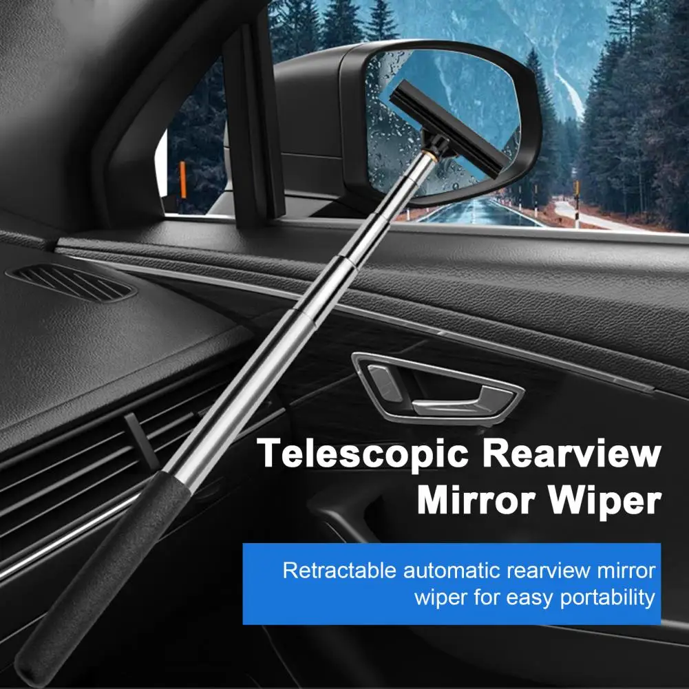 Car Rearview Mirror Wiper Telescopic Auto Mirror Squeegee Cleaner 98cm Long Handle Car Cleaning Tool Mirror Glass Mist Cleaner