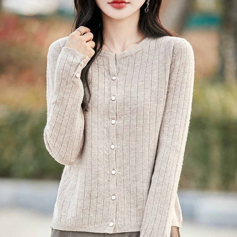 Moda donna tinta unita O-Collo maniche lunghe bottone 100% lana merino cardigan maglione di cashmere abbigliamento morbido comfort caldo top