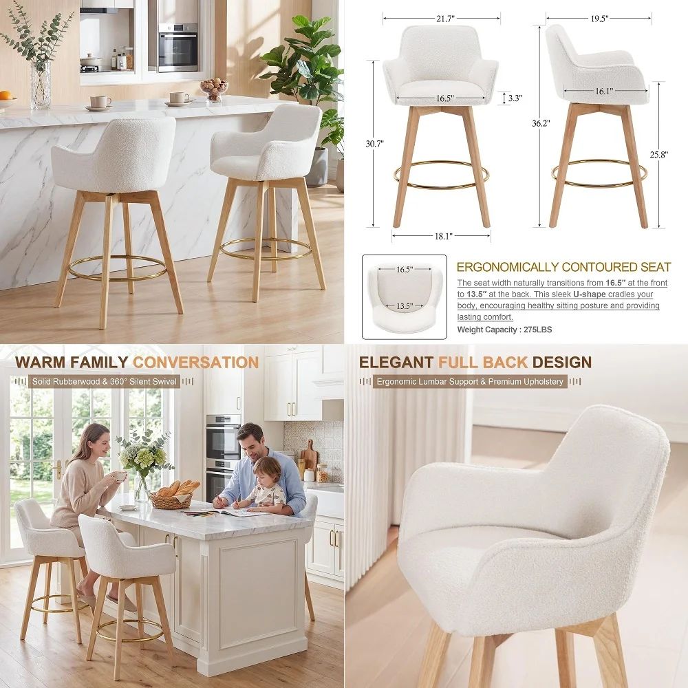 

Counter Height Bar Stools Set of 2, Boho Upholstered Counter Stools with Wood Frame amp Woven Rope Arms, 26.2 Seat Height, Crea