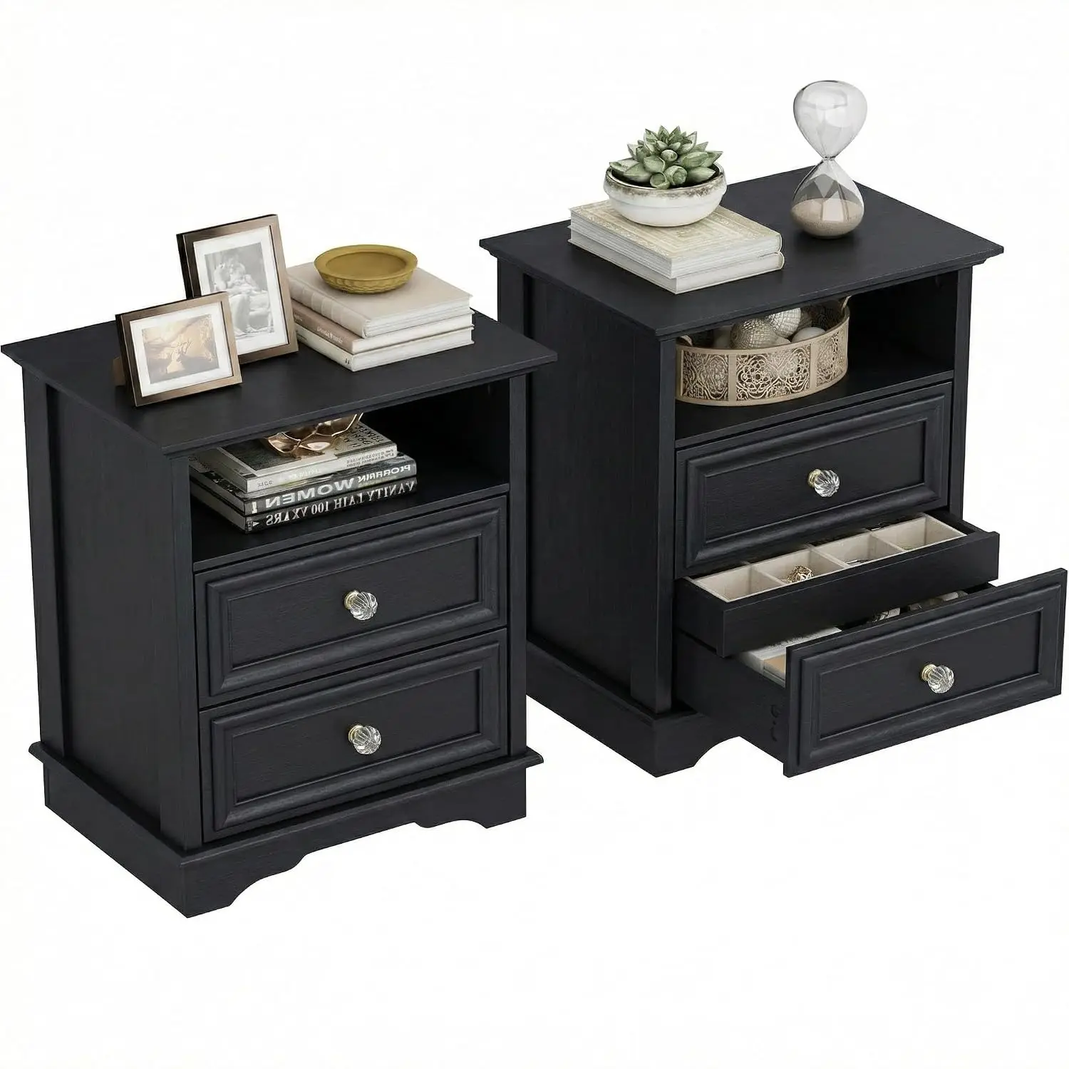 Farmhouse Nightstand Set of 2 with Hidden Drawer & Open Shelf, 25