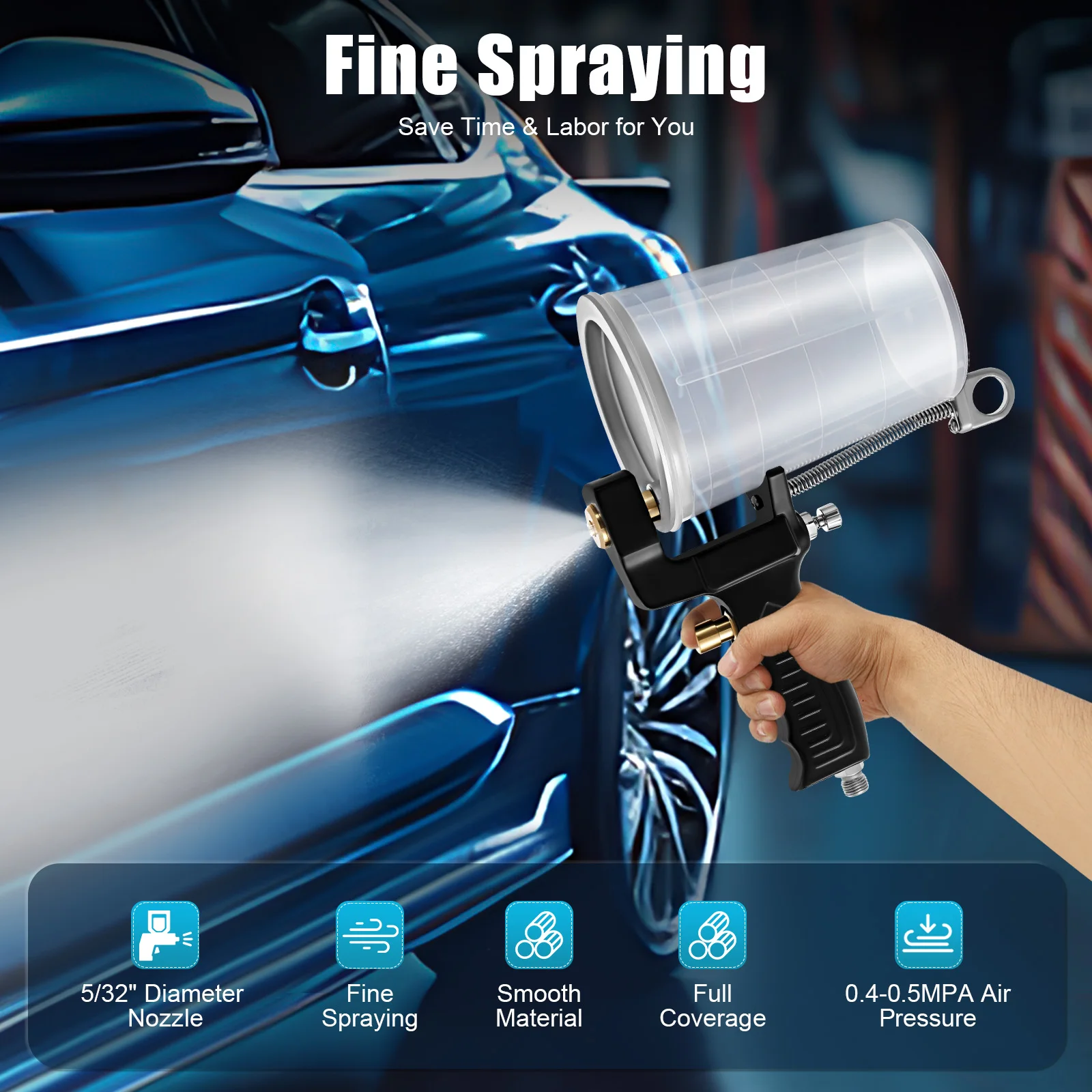 

Handheld Air-powered Gel Coat Spray Gun Adjustable Air Volume with 4mm/5/32'' Removable Nozzle & 500ml Measuring Cup