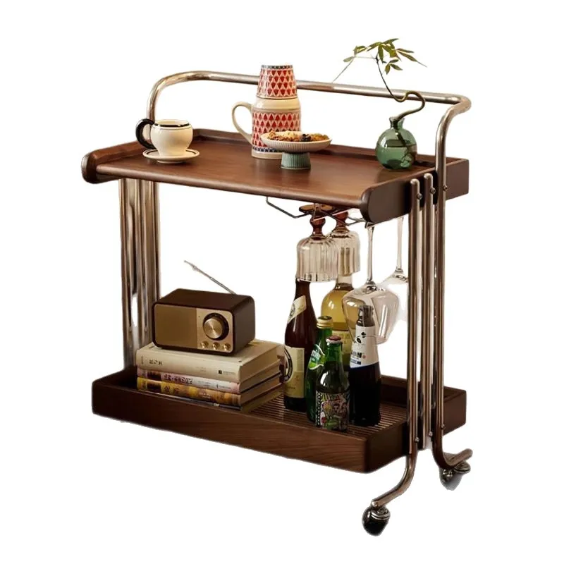 

New medieval Nordic trolley living room light luxury solid wood small apartment storage coffee table