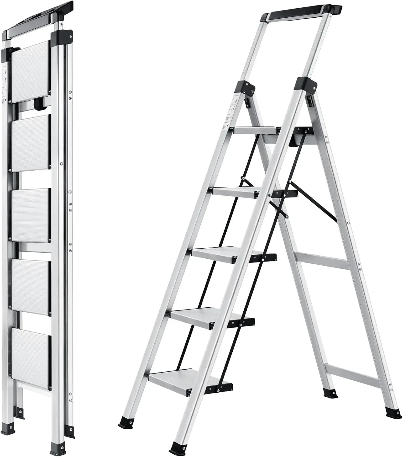 5 Step Ladder, Retractable Handgrip Folding Step Stool with Anti-Slip Wide Pedal, Aluminum Stool Ladders 5 Steps