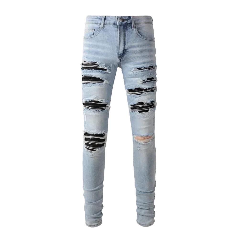 

High-quality honeycomb perforated board jeans, with patch polishing and washing techniques, present a tight high street style