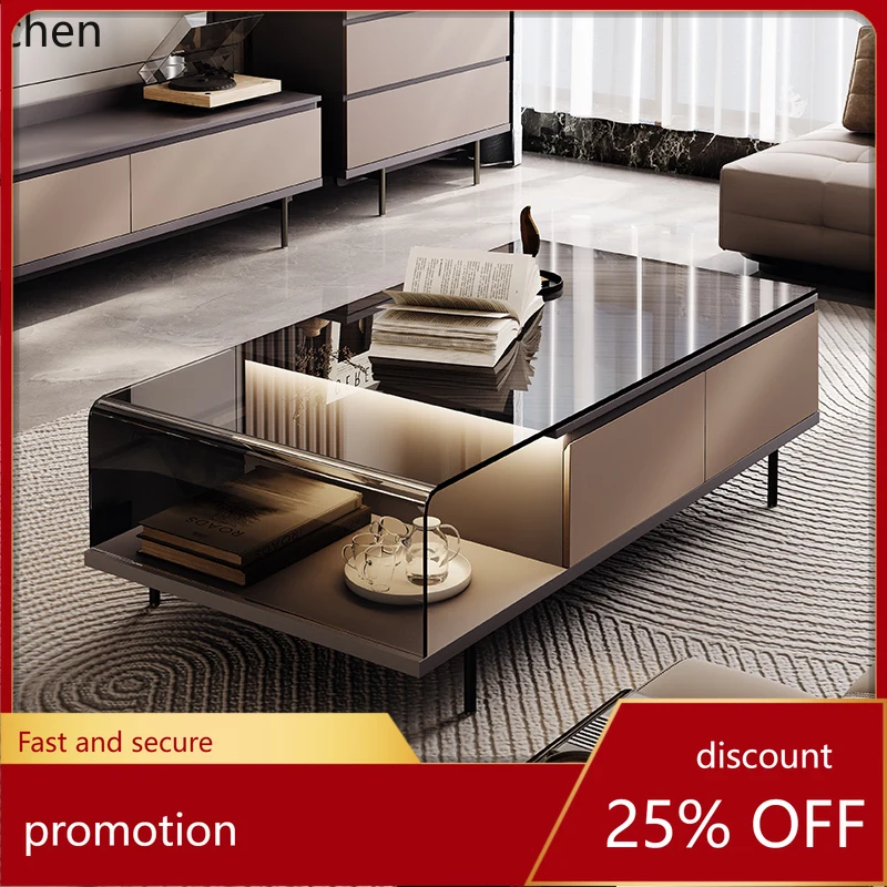 

HT minimalist living room long coffee table light luxury high-end home rectangular tea table with hot curved glass