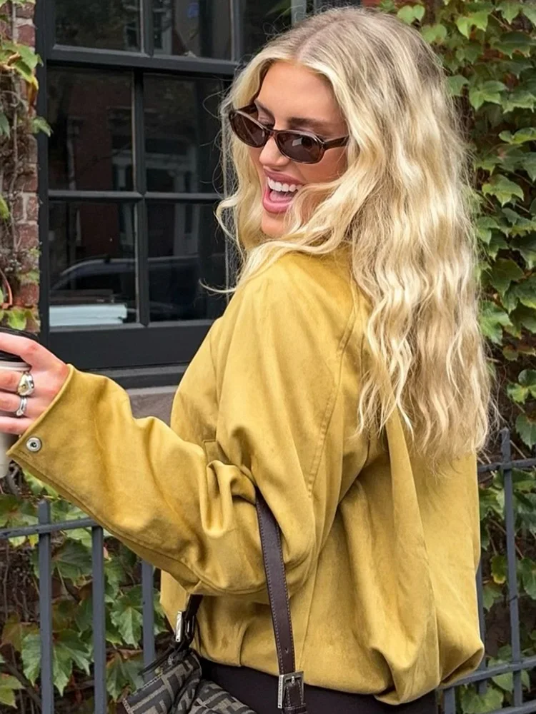 HH automne femme Chic col rabattu fermeture éclair poche conception Style de rue manteaux femmes élégant manches longues veste courte