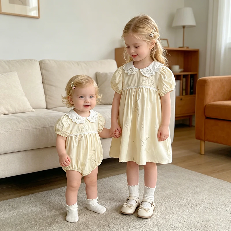 2026 Sommer Neuer Baby-Mädchen-Strampler 0-24M Mädchen Baby Prinzessin Süßer Bodysuit Mädchen 2-6 Jahre Mädchen Kurzarm-Kleid Schwesternkleid