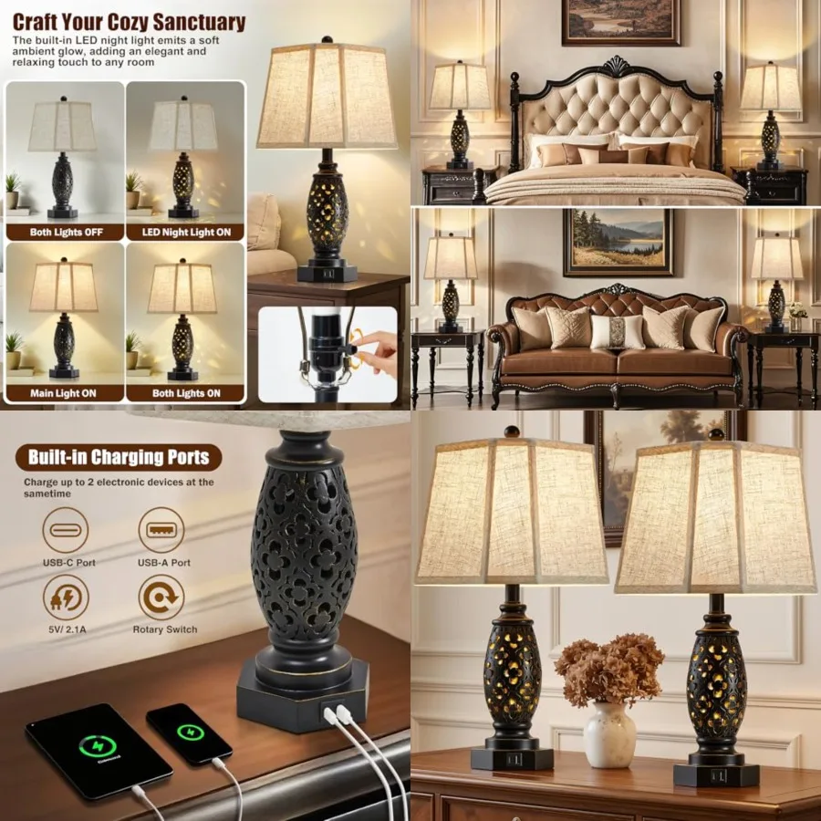 

Table Lamps Set of 2-23.5" Vintage Bedside Lamp with USB A+C and Nightlight - Carved Resin Retro Desk Lamp for Bedrooms, End Ta
