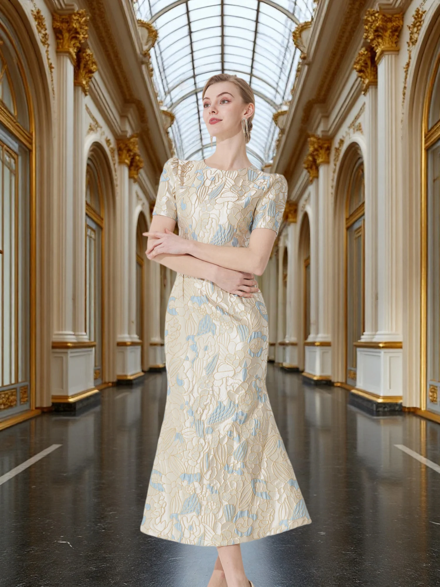 

Luxury Champagne Gold and Blue Jacquard Dress for Women Featuring a Waist-Cinching Mermaid Maxi Silhouette
