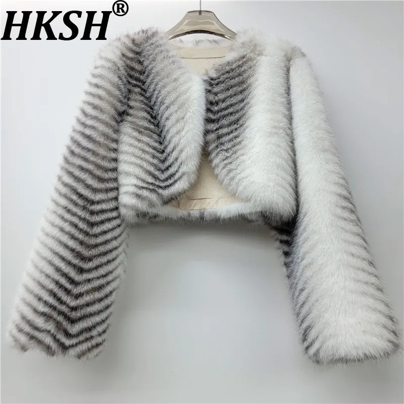 HKSH Women Faux Fur Short Coat Korean Style Gradient Striped Loose Fit O-Neck Fashion Casual Trendy Warm Cardigan Jacket HK28776