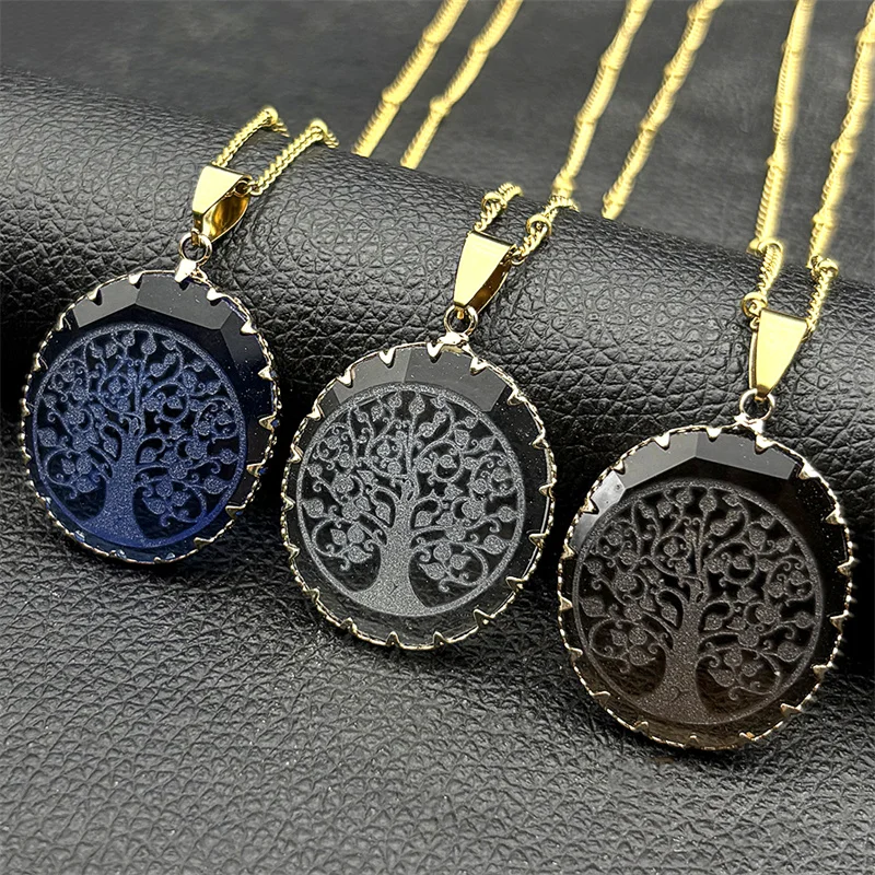

Tree of Life Stainless Steel Choker Round Glass Pendant Necklace for Women Men Gold Color Bead Chain Necklaces Jewelry Gift