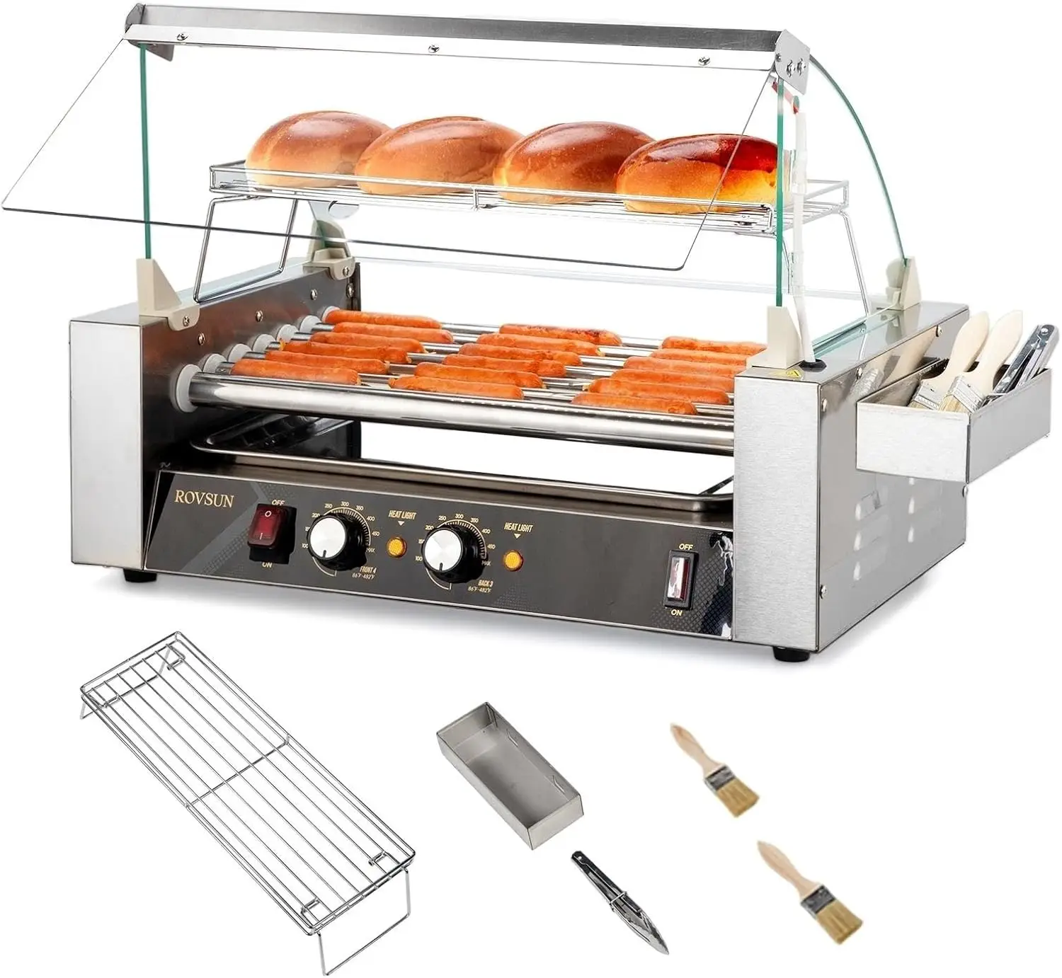 Hot Dog Roller 1050W, 7 Rollers 18 Hot Dog Roller Grill Cooker Machine w/Dual Temp Control, Cover, LED Lighting, Removable Shelf