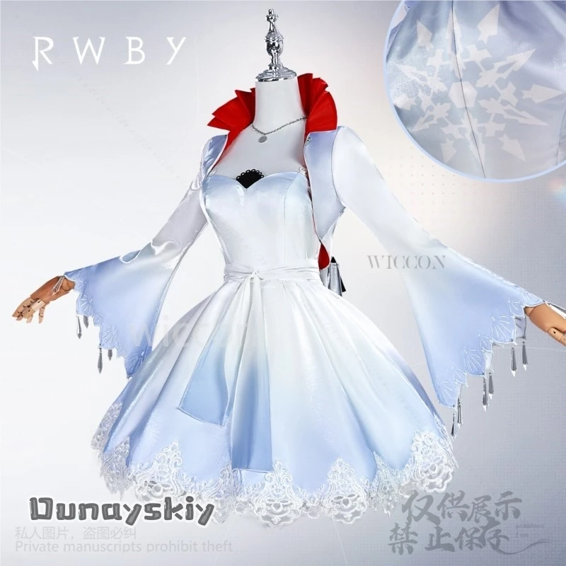 Weiss Schnee Cosplay RWBY Costume Anime Da Bianco A Blu Sfumato Eleganza Vestito di Pizzo Lolita Parrucca Coda di Cavallo Jirai Kei Halloween Ragazze