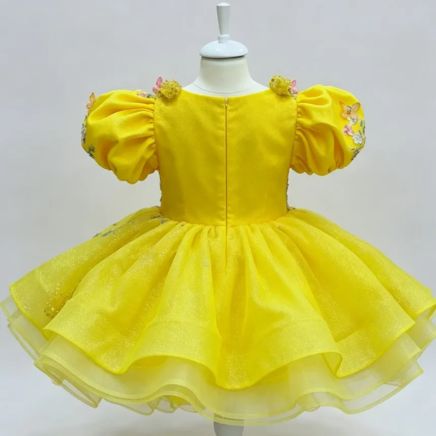 Gelbes Mädchenkleid mit Puffärmeln, Prinzessinnenkleid mit Blumenstickerei und Pailletten, Ballkleid für Kinder, Weihnachtsfeierkleid für Hochzeit und Geburtstag – Detail 7