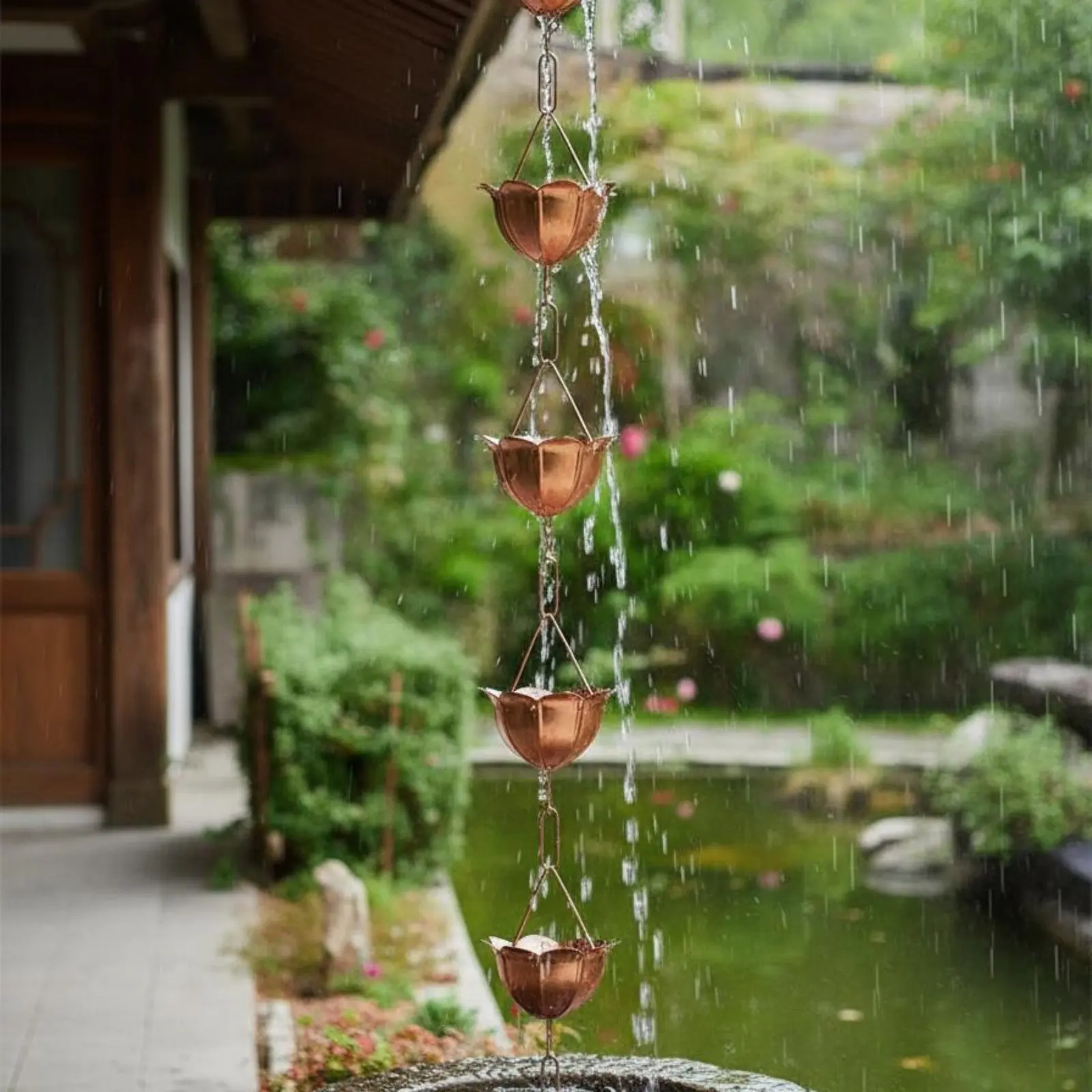 Copper Rain Chain Rustproof Rain Chain Decorative Rainwater Downspout Develops Natural Patina Outdoor Decor Antiqued Finish