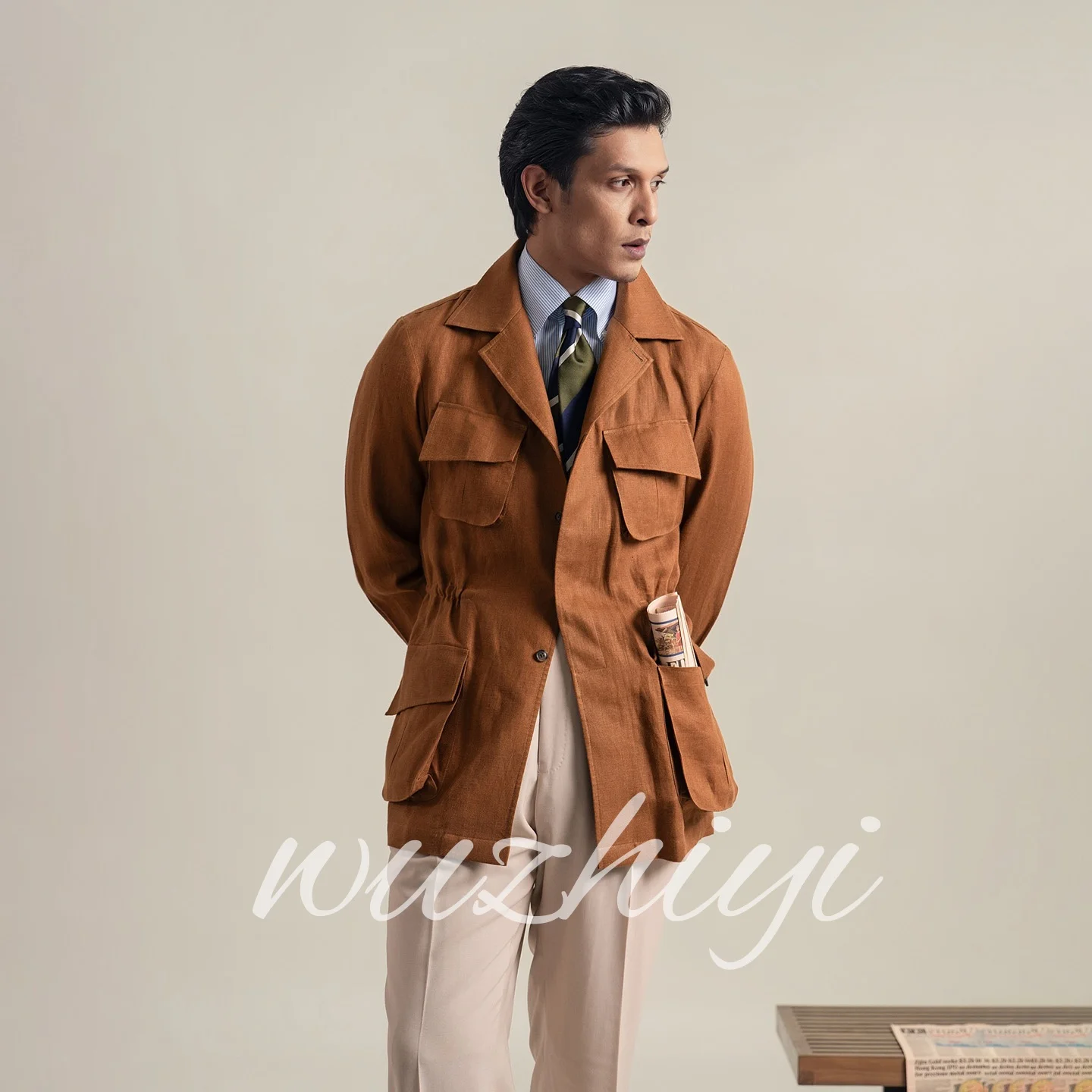 Costumes vintage orange pour hommes, pour affaires, à simple boutonnage, avec plusieurs poches à rab