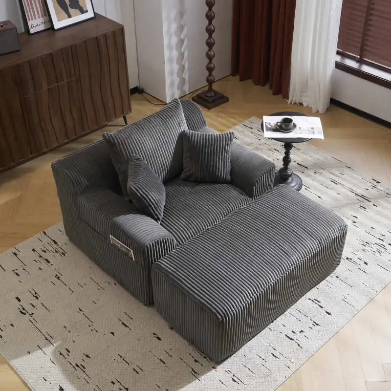 Oversized chaise lounge chair indoor , Comfy Fluffy boneless couch with 3 Comfortable Pillows, Corduroy arm chair with ottoman,
