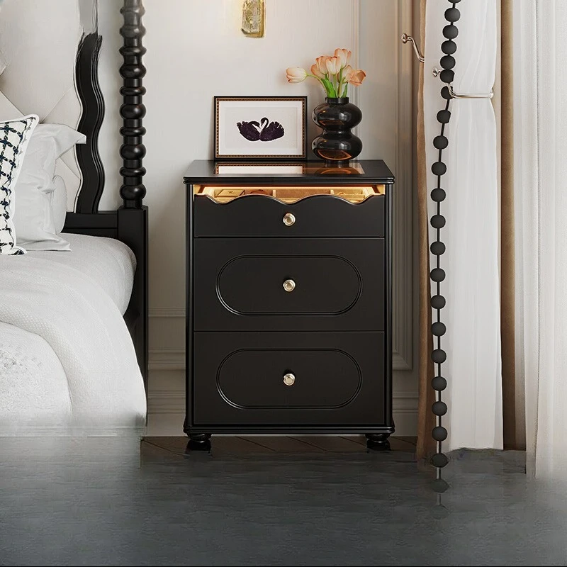 

French retro style all solid wood bedside table with lamp bedroom household three-bucket cabinet bedside jewelry storage storage