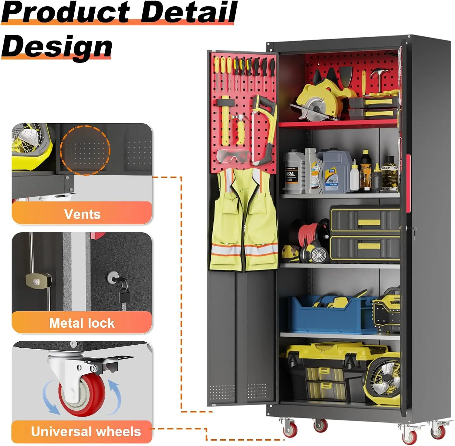 Metal Garage Storage Cabinet, Tall Garage Cabinets with 5 Adjustable Shelves, Steel Tool Storage Cabinet with Wheels image 5