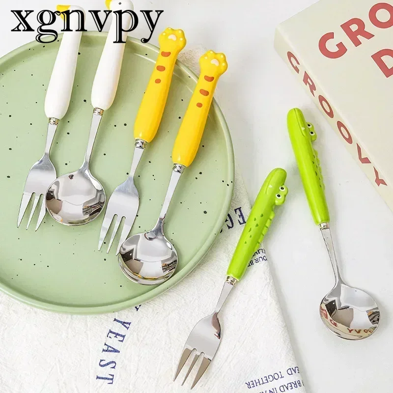 xgnvpy Creative Ins Style Children Cute Cartoon High Appearance Level Stainless Steel Ceramic Set Spoon Fork Two-piece Set